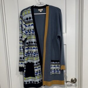 Style & Co. Light Blue and Mustard Patterned Open-Front Cardigan NWT